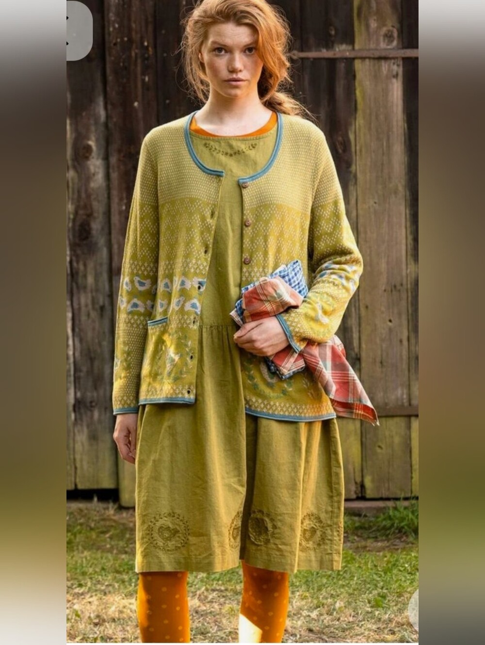 Gudrun Sjoden Olive Green Patterned Women's Cardigan Sweater